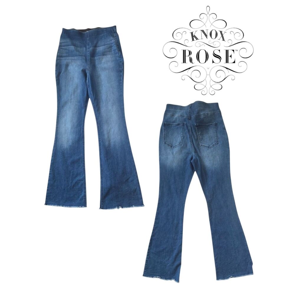 Knox Rose High Rise Pull On Flare Jeans Medium Stretch Raw Hem Boho Denim M